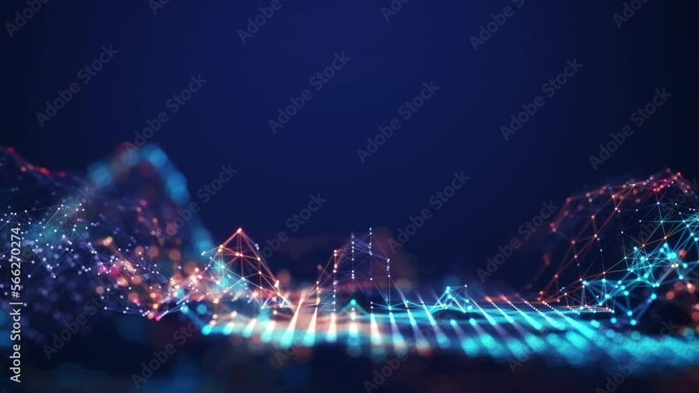 Poster Abstract connected dots and lines. Concept of AI technology, Motion of digital data flow. Communication and technology network concept with moving lines and dots. 3D rendering Seamless Loop. 4K
