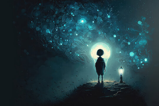 a boy looking the big bulb buried in the ground against night sky with stars and space dust, digital art style, illustration painting (ai generated)