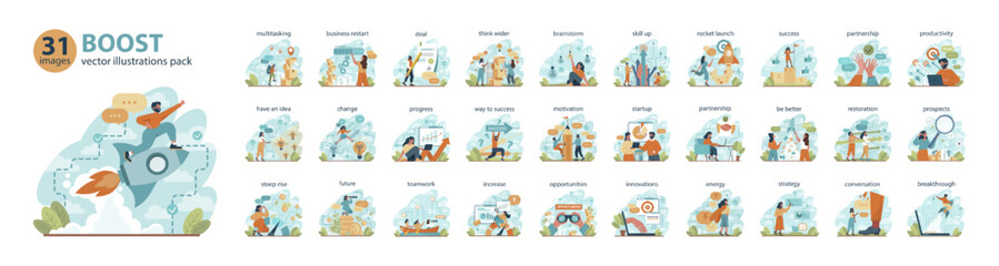 Boost big set. Business growth or improvement concepts collection.