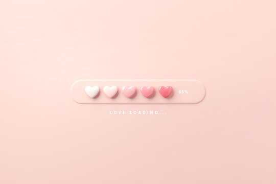 Love loading progress bar, Valentine's day loading bar with love hearts on pink background. 3d render