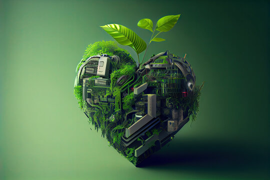 Electronic heart shape concept made of ruin environment