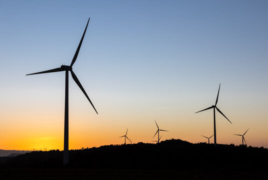 Wind turbines on field at sunset