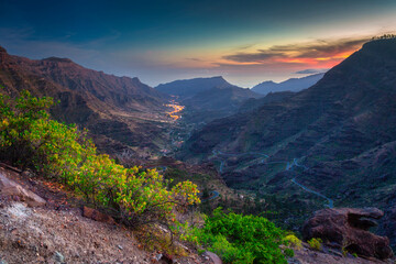 Beautiful mountains on the island of Gran Canaria in Spain at sunset.