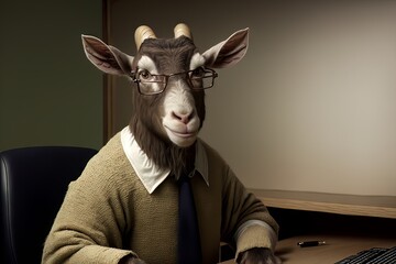Goat - Close up portrait - Office worker at the desk - Generative AI