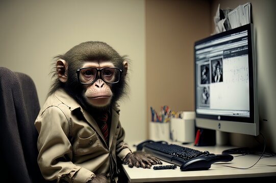 Monkey - Close up portrait - Office worker at the desk - Generative AI