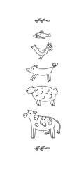 Set of farm animals with leaves. Doodle style. Hand drawn linear illustration. Black and white vector