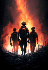 Teams of firefighters fight wildfires caused by climate change and global warming,