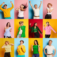 Collage. Portraits of diverse people, men and women listening to music, dancing, having fun, enjoying, posing over multicolor background. Concept of emotions, facial expression, lifestyle, party