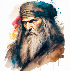 Colorful portrait of Leonardo da Vinci with a contemplating facial expression