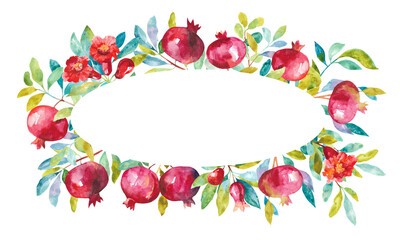 Flowers watercolor frame. Oval frame made of pomegranate flowers