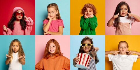 Collage. Diversity of emotions. Portraits of little girls, children showing different emotions,...