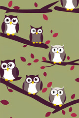 Cute little owls on a branch. Wallpaper design. Cartoon style. Generative AI
