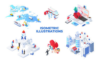Set of light isometric illustrations. Map, medical, smart city, startup, valentine's day and online marketing