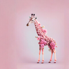 Pastel pink animal concept, love, cute animal covered with fresh spring flowers all over body. Pink giraffe. Illustration. Generative AI.