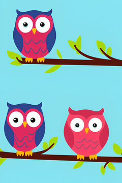 Cute little owls on a branch. Wallpaper design. Generative AI