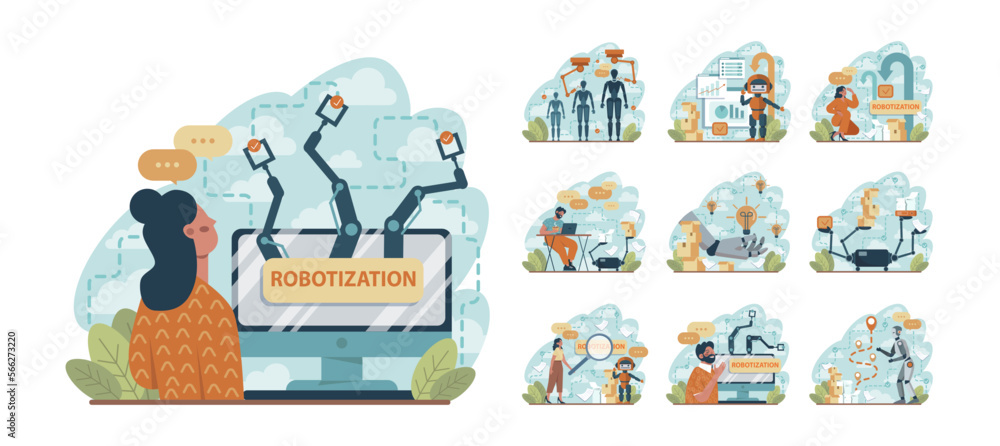Aufkleber robotization concept set. artificial intelligence as a part of human