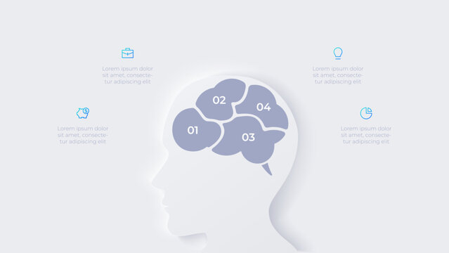 Human head with brain. Creative infographic presentation. Neumorphic illustration with 4 steps