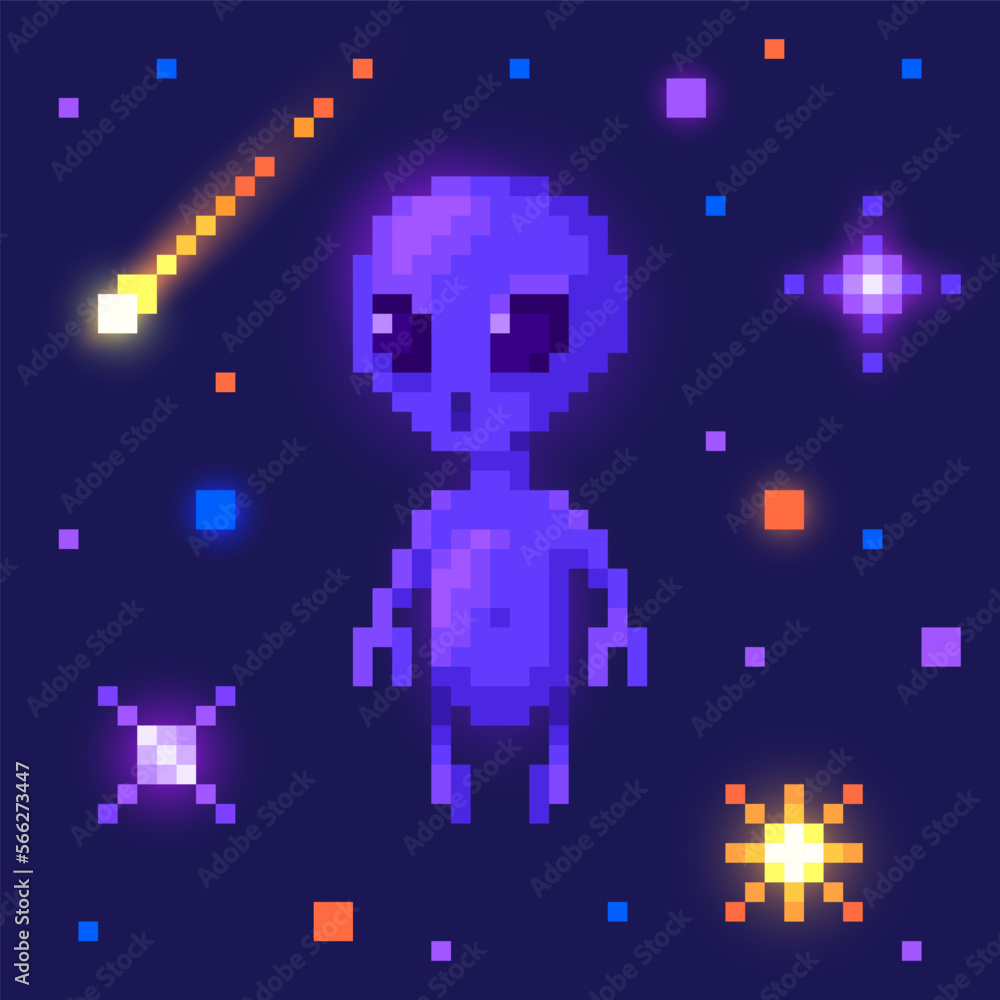 Poster alien in outer space. cute monster in pixel art. 8 bit retro style vector illustration