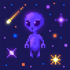 Alien in outer space. Cute monster in pixel art. 8 bit retro style vector illustration