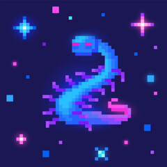 Fototapeta premium Alien in outer space. Cute monster in pixel art. 8 bit retro style vector illustration