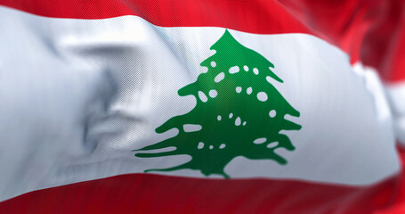 Close-up view of the Lebanon national flag waving in the wind