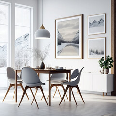 Poster frame modern dining room interior minimalist style photo with wood frames and paintings on the white wall created with Generative AI Tools