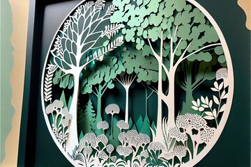 Green Spring Forest Papercut Frame. Generative AI