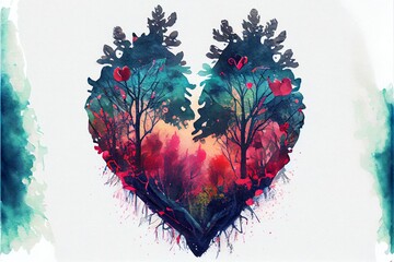 Heart. Watercolor double exposure heart. love for nature poster valentines day background. Generative AI