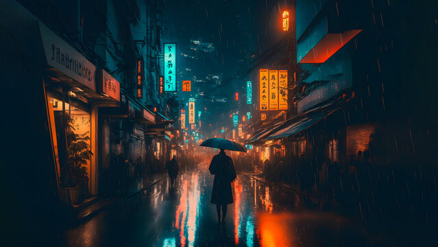 rainy night in cyberpunk chinese city street, neural network generated art