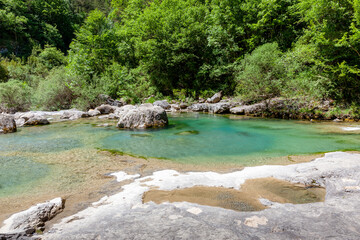 mountain river in anisclo canyon, famous hiking trail near huesca