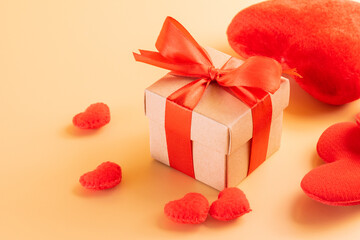 Valentines day with gift box and red heart on top view for background