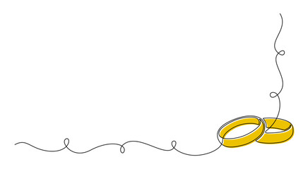 One continuous line drawing of Wedding rings. Romantic elegance concept and symbol proposal engagement and love marriage in simple linear style. Editable stroke. Doodle vector illustration