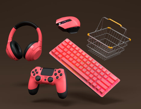 Gamer gears like mouse, keyboard, joystick, headset, VR and metal wire basket