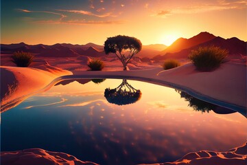 Swimming pool in the desert. beautiful sunset. reflection in the water. Generative AI