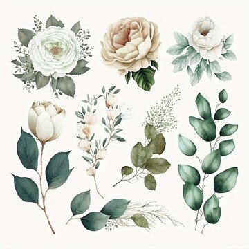 watercolor florals illustration-  green leafs collection, watercolor green splash leaf background, wedding stationary with Generative AI