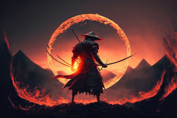 A samurai in a demonic red mask on the battlefield makes a swing with a katana creating a sizzling fire ring around, he is a mystical martial. illustration painting (ai generated) - obrazy, fototapety, plakaty