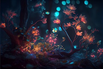 Fototapeta na wymiar Fairy forest at night. fantasy glowing flowers and lights. Generative AI