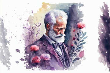 Pyotr Tchaikovsky modern colorful watercolor-style portrait with roses. 