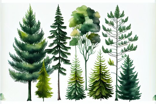 Forest fir trees set. Hand drawn watercolor illustration isolated on white background. Generative AI © Pixel Matrix