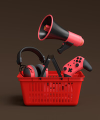 Fototapeta premium Gamer gears like headset, headphones and joystick in plastic basket on dark