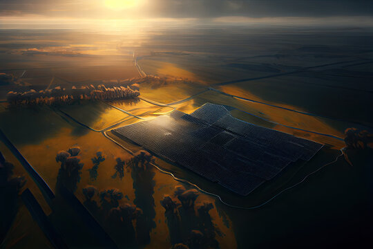 Aerial photography of solar panels on a field