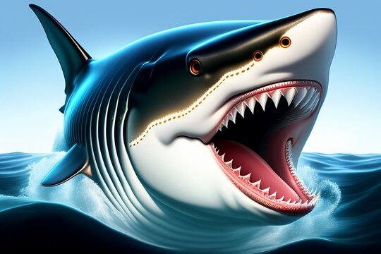 Portrait of a white shark marine predator with big open mouth and teeth. 3D rendering, Generate Ai