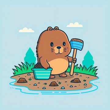 Bever on the beach with a busy personality cute cartoon - illustration - AI generated