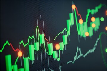 Chart of the stock market showing rising green candlesticks, which represents the value of cryptocurrency. Past price changes of digital currencies are shown graphically by volumes and time intervals.