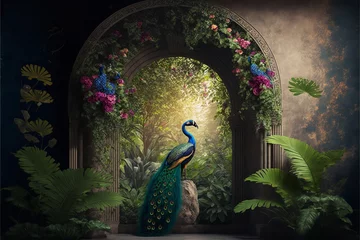 Fotobehang 3D rendering of a tropical jungle with a peacock and leaves, flowers, and an arch in the distance. Generative Ai. © Concept Killer