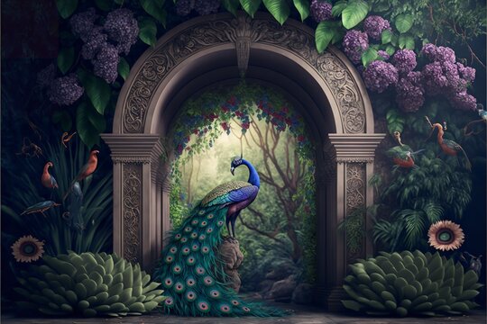 3D rendering of a tropical jungle with a peacock and leaves, flowers, and an arch in the distance. Generative Ai.