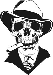 Front view of a skull with a hat and a cigar.