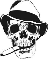 Front view of a skull with a hat and a cigar.