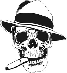 Front view of a skull with a hat and a cigar.