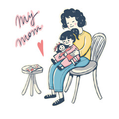 Mom and daughter in her arms. Vector illustration in cartoon style.